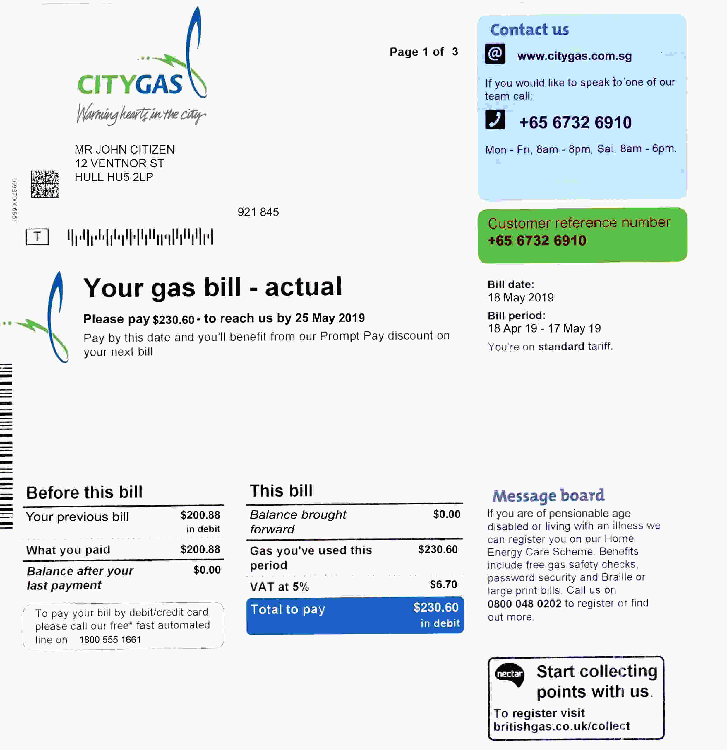 Singapore City Gas utility bill template, fully editable in PSD format